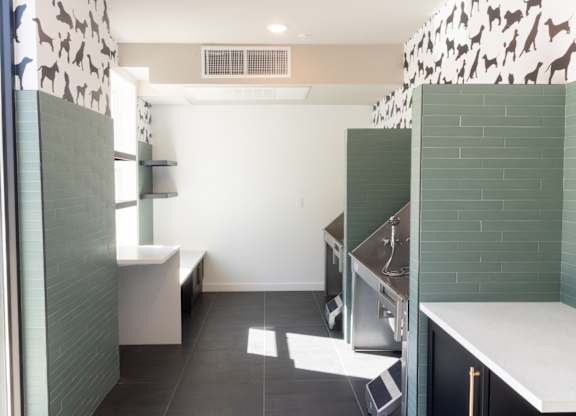 Pet friendly kitchen with dog wallpaper and subway tile at The Wren Apartments, Lawrenceville