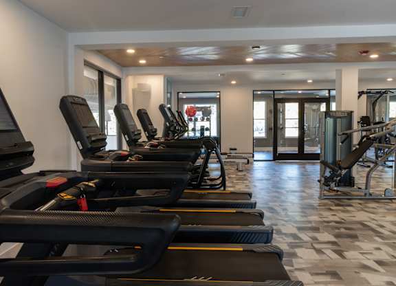 Fitness center with cardio equipment and modern finishes at The Wren Apartments, Lawrenceville, Georgia