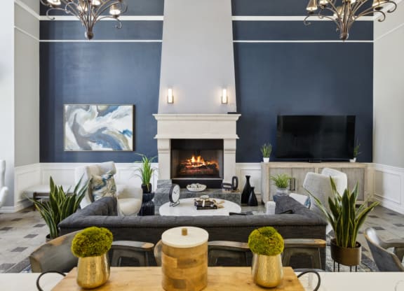social lounge with fireside seating at Bridgeport Ranch apartments
