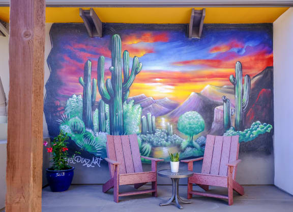 outdoor lounging area at Roosevelt Square apartments