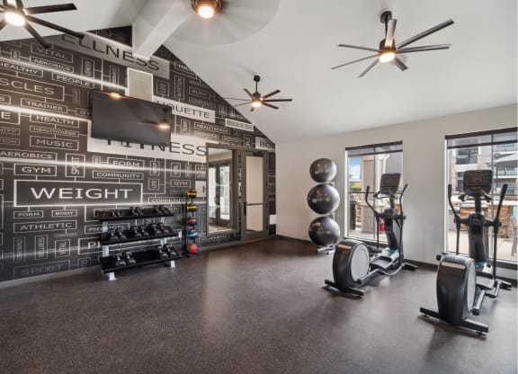 fitness center with free weights and strength training and cardio equipment at Carrick Bend apartments