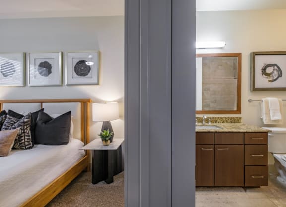 luxury bedroom and bathroom at Berkshire Medical District apartments