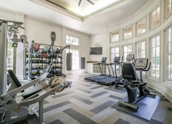 fitness center with free weights at Stoneleigh on Spring Creek apartments