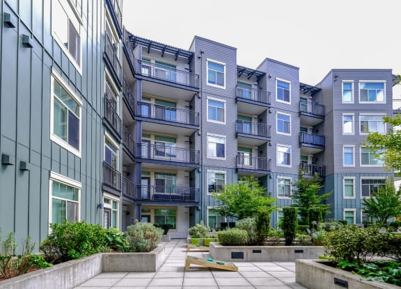 courtyard with cornhole at Elan Redmond apartments