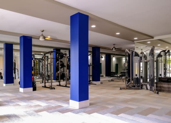 a gym with a lot of exercise equipment and blue pillars