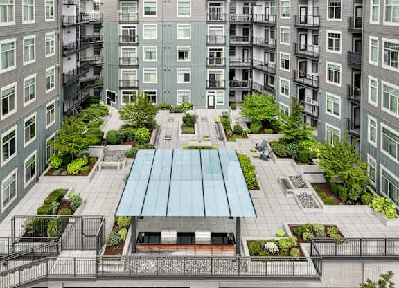 aerial view of outdoor courtyard and social gathering spaces at Elan Redmond apartments