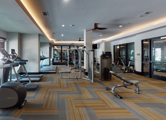 a large fitness room with treadmills and other exercise equipment