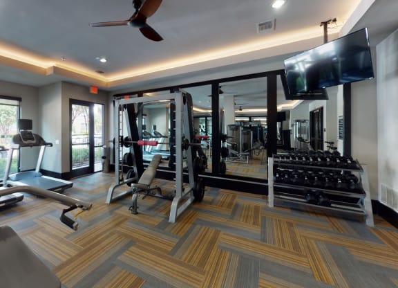 a gym with cardio equipment and a flat screen tv