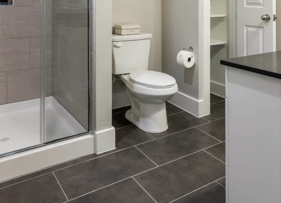 bathroom with glass-framed shower doors at Tinsley on the Park apartments
