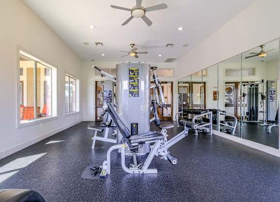 fitness center with cardio and strength training equipment at The Falls at Copper Lake apartments
