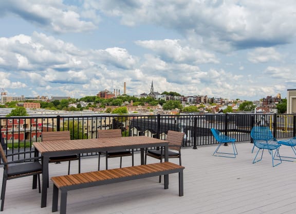 Rooftop Skydeck with Al Fresco Dining and Work-From-Home Spaces and  Stunning Views of Downtown Boston and Zakim Bridge at Gatehouse 75, Charlestown, Massachusetts