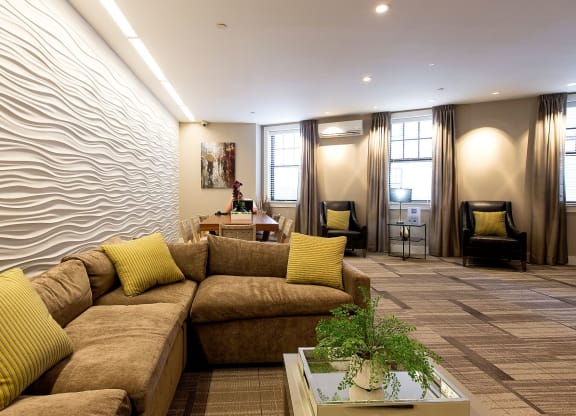 Beautifully Designed Resident Club Room and Lounge with Work-From-Home Spaces, Resident Lounge, Coffee Bar and Media Viewing Space at Gatehouse 75, Massachusetts