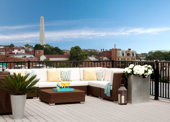 Rooftop Skydeck with outdoor living room and  Charming Views of Historic Charlestown, MA and Bunker Hill Monument at Gatehouse 75, Charlestown, 02129