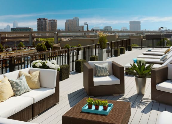 Rooftop Skydeck with Outdoor Living, Sundeck with Lounges and Spectacular Views of Boston City Skyline at Gatehouse 75, Charlestown, MA, 02129