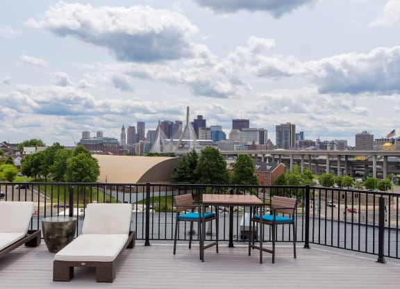 Rooftop Skydeck with Outdoor Living, Sundeck with Lounges and Spectacular Views of Boston Seaport and City Skyline at Gatehouse 75, Charlestown, Massachusetts