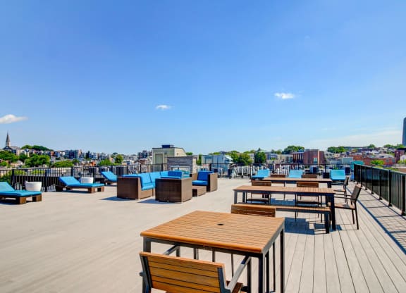 Gatehouse 75 Apartments Rooftop Terrace with Outdoor Living and Views of Boston and Bunker Hill Monument