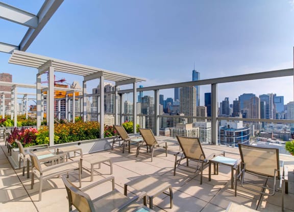 Sun Chairs at Eight O Five Apartments  in River North Chicago, IL Sundeck and Garden Trellis with City Skyline and Lake Michigan Views