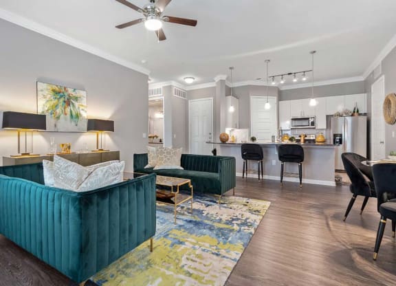 Living room with sofas at Park at Bayside, Rowlett, Texas