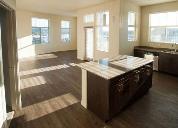 Kitchen and living area at Elan Redmond Apartments, Redmond