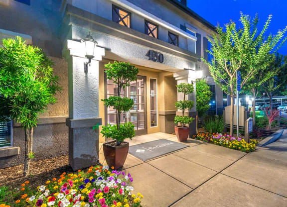 leasing office entry at dusk