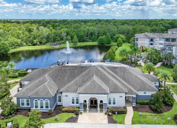 aerial view of the club house with lake and fountain