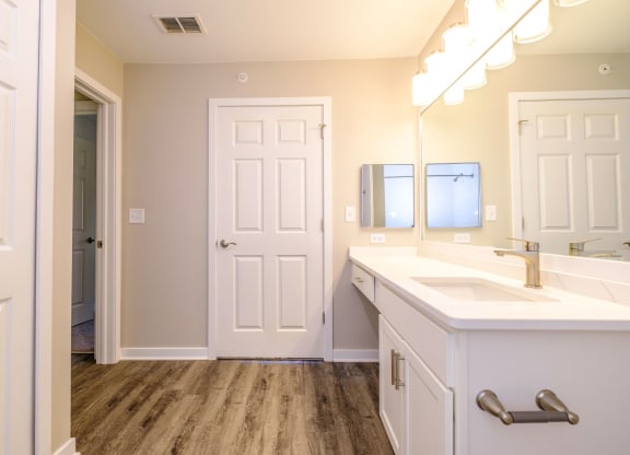 a bathroom with a sink and a mirror