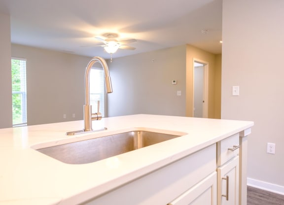 a kitchen with a custom sink and designer countertops