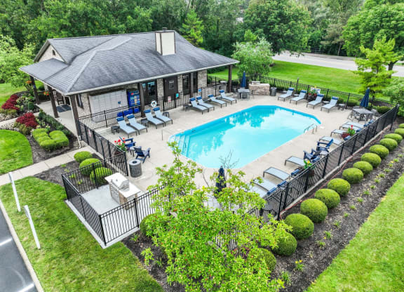 an aerial view of a resort style pool