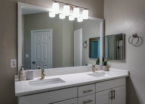 Bathroom with designer lighting and quartz countertops  at Wyndchase Aspen Grove, Franklin, 37067