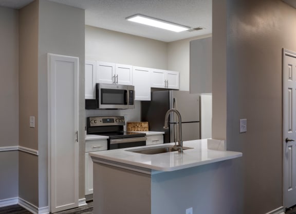 Kitchen with sleek quartz countertops  at Wyndchase  Aspen Grove, Franklin