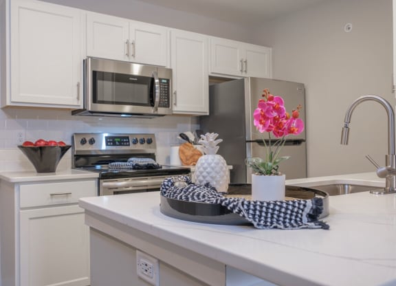 a kitchen with white cabinetry and stainless appliances at Saw Mill Village apartments