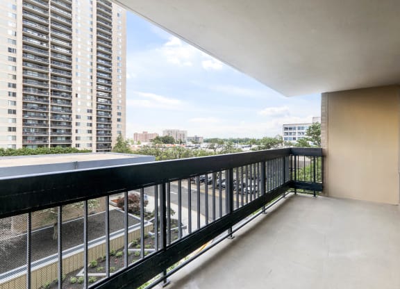 Skyline Towers apartments balcony with cityscape views near Washington, D.C.