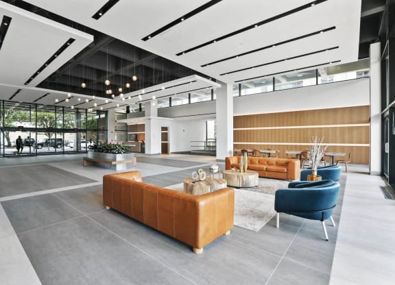 Skyline Towers lobby with comfortable seating and conversation areas