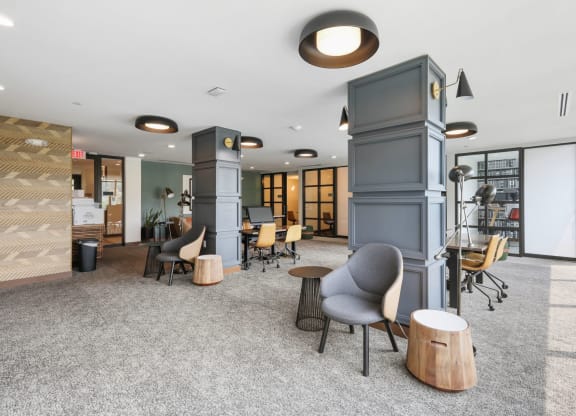 Trellis House apartments social area with collaborative and individual work spaces