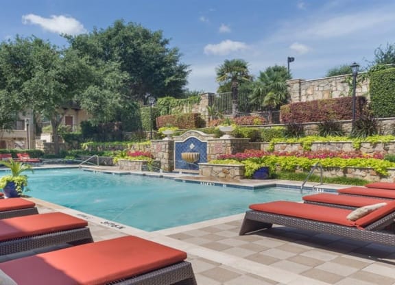 Poolside Lounge Area at Estancia Townhomes, Dallas, Texas