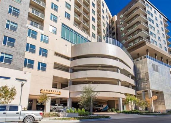 exterior view of The Gabriella apartments in Dallas, TX