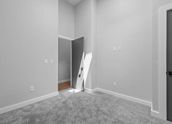 A room with a grey carpet and a white door at The Avenue Lofts Golden Apartments, Golden 80401