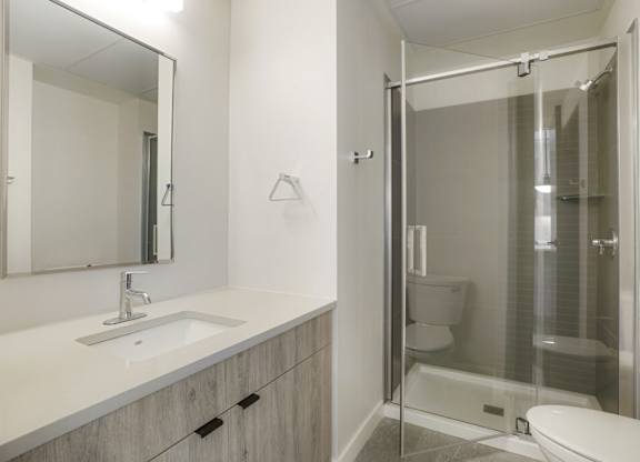 A modern bathroom with a walk-in shower and a white sink at The Avenue Lofts Golden Apartments, Golden, CO, 80401
