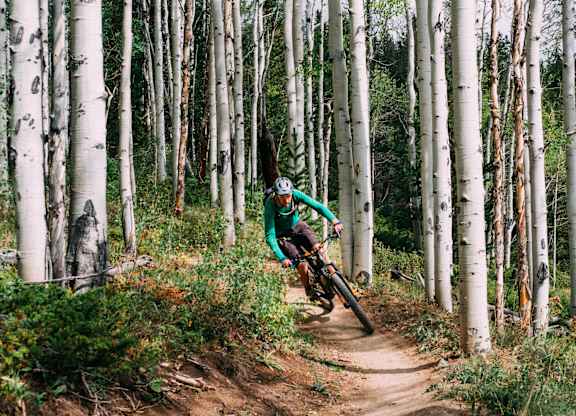 A person in a green jacket and white helmet is riding a bicycle on a trail in a forest of birch trees.