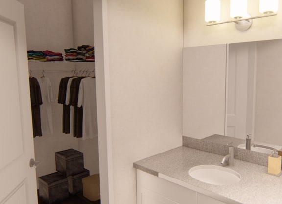Bathroom with sink, mirror and attached closet at Brownstones at Palisade Park, Broomfield, CO,  80023