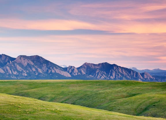 Landscape of grassy field with a mountain range at Brownstones at Palisade Park, Broomfield