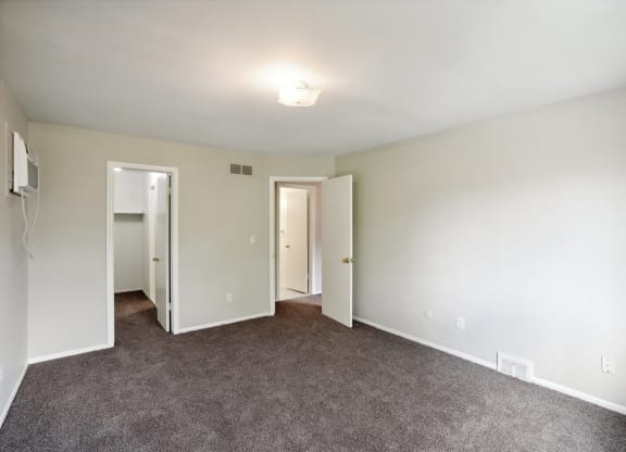 Spacious bedroom with natural light, walk-in closets, carpeting. Cozy one bedroom apartments in Southfield, MI.