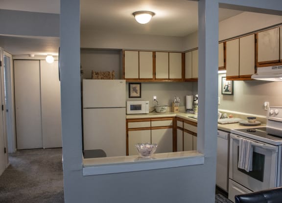 a view of a kitchen from a pass through window