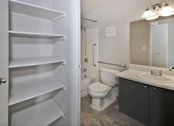 A white pantry is open to a bathroom with a toilet, sink, and mirror.