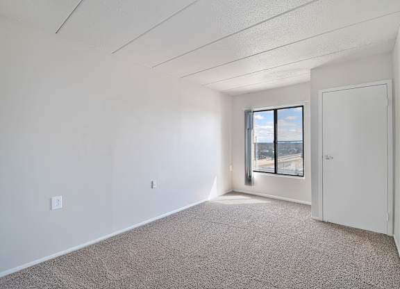 A room with a carpeted floor and a window with a view of the outside.