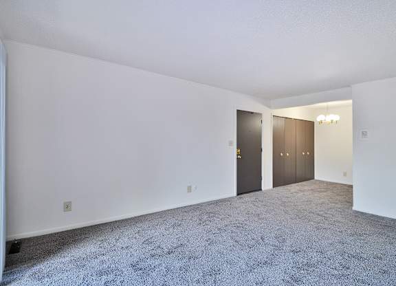 A room with carpeted floor and two doors.