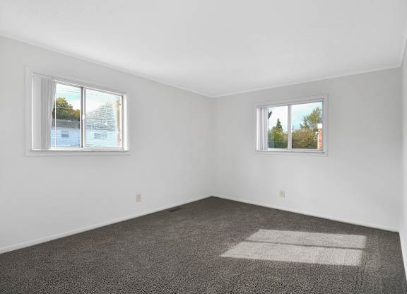 A room with two windows and a carpet on the floor.
