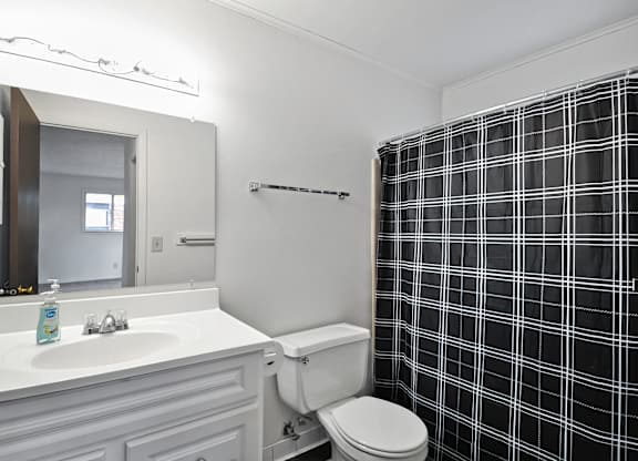 A bathroom with a white sink, toilet, and a black and white checkered shower curtain.