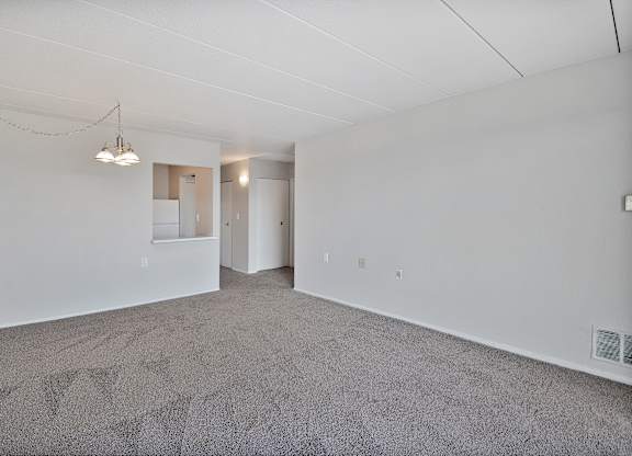 A large empty room with a carpeted floor and a hanging light fixture.