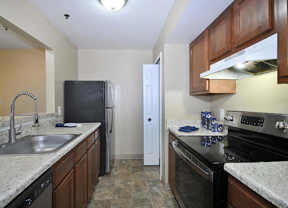 A kitchen with a black refrigerator and stove top oven.